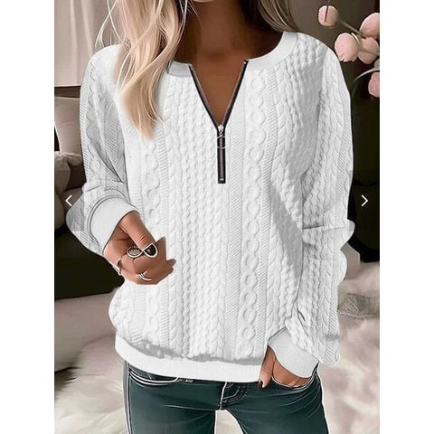 Cable Knit Jumper with Half Zip Sweater and Long Sleeves - Image 3