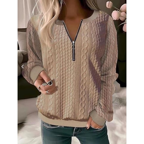 Cable Knit Jumper with Half Zip Sweater and Long Sleeves - Image 5