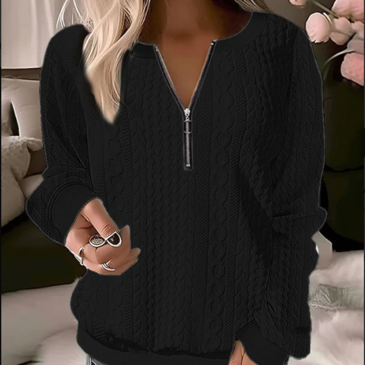 Cable Knit Jumper with Half Zip Sweater and Long Sleeves - Image 6