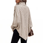 Cable Knit Poncho Sweater with Relaxed Oversized and Button-Accented Turtleneck - angle