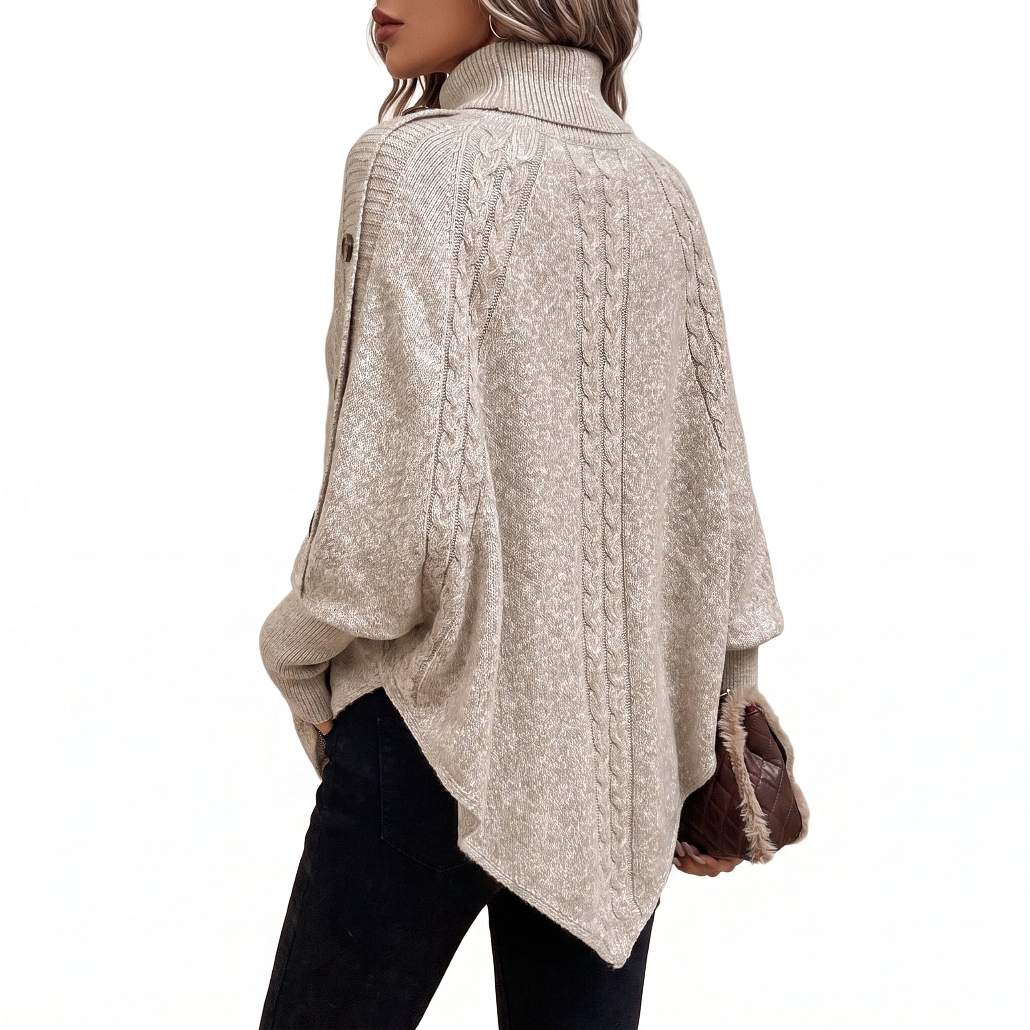 Cable Knit Poncho Sweater with Relaxed Oversized and Button-Accented Turtleneck - angle