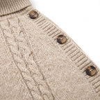 Cable Knit Poncho Sweater with Relaxed Oversized and Button-Accented Turtleneck - detail