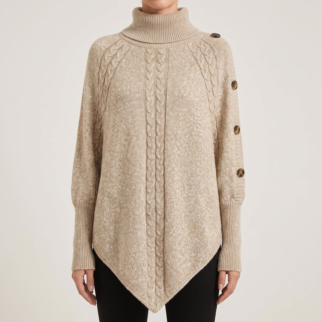 Cable Knit Poncho Sweater with Relaxed Oversized and Button-Accented Turtleneck - hero