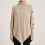 Cable Knit Poncho Sweater with Relaxed Oversized and Button-Accented Turtleneck - hero