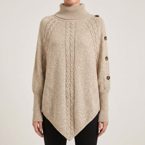 Cable Knit Poncho Sweater with Relaxed Oversized and Button-Accented Turtleneck - hero