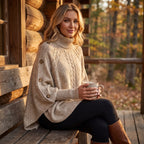 Cable Knit Poncho Sweater with Relaxed Oversized and Button-Accented Turtleneck - in-use
