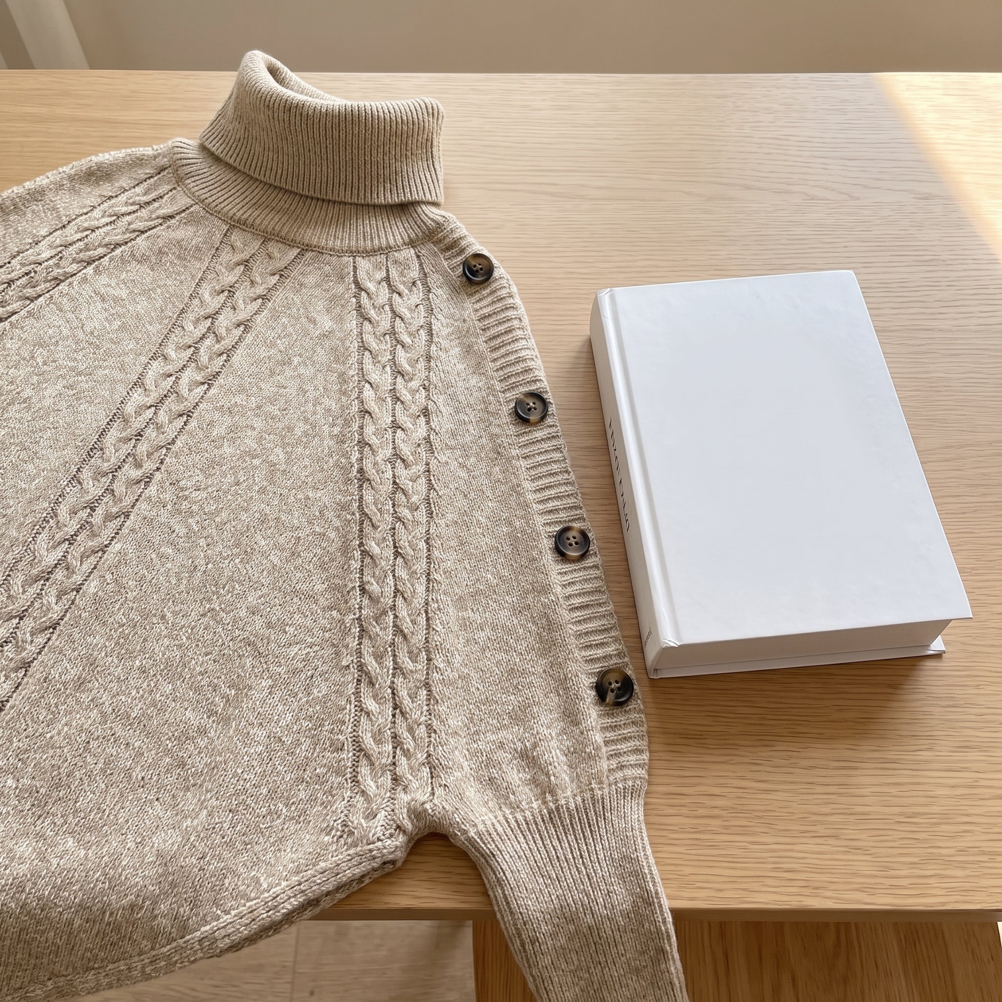 Cable Knit Poncho Sweater with Relaxed Oversized and Button-Accented Turtleneck - scale