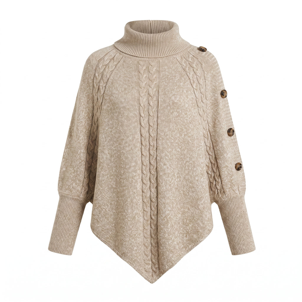 Cable Knit Poncho Sweater with Relaxed Oversized and Button-Accented Turtleneck - studio