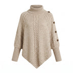 Cable Knit Poncho Sweater with Relaxed Oversized and Button-Accented Turtleneck - studio