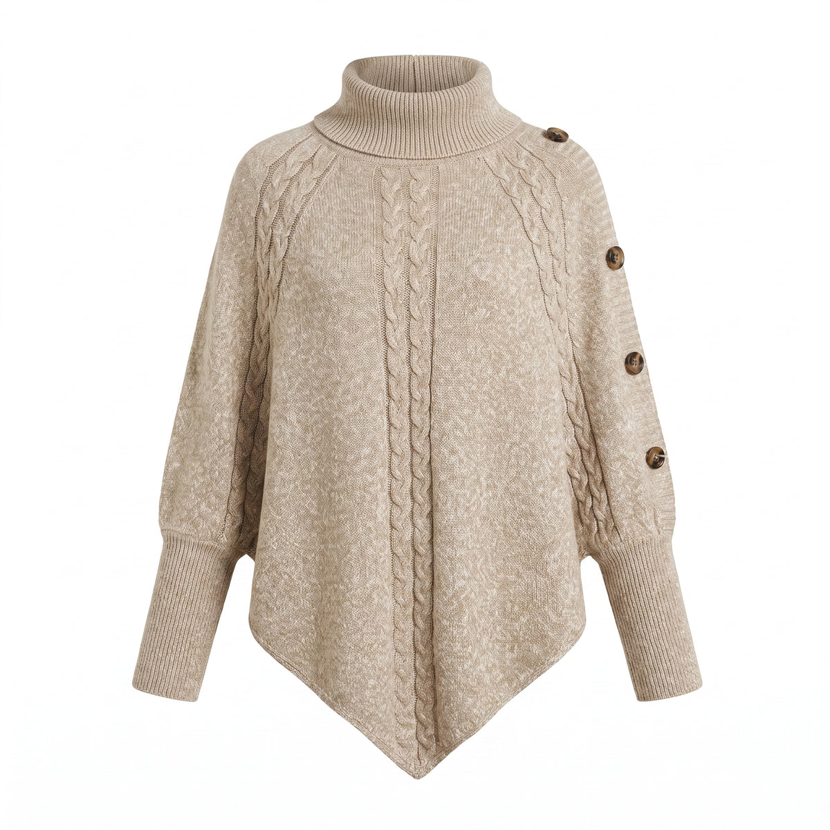 Cable Knit Poncho Sweater with Relaxed Oversized and Button-Accented Turtleneck - studio