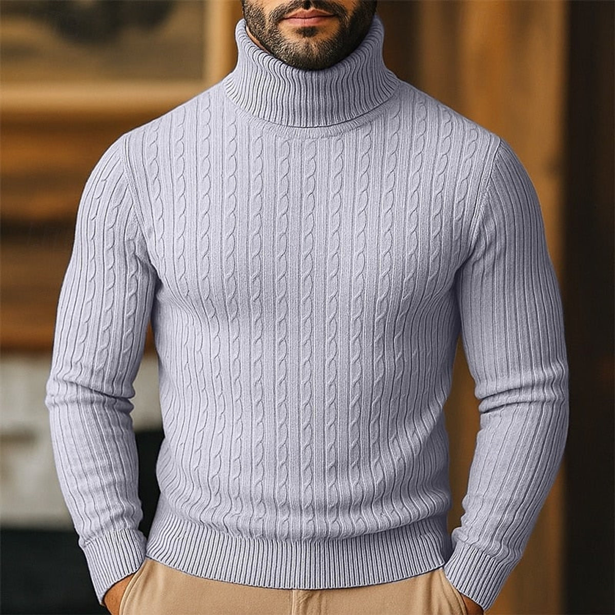 Cable Knit Roll Neck Jumper with Slim Fit and Wool - Image 1