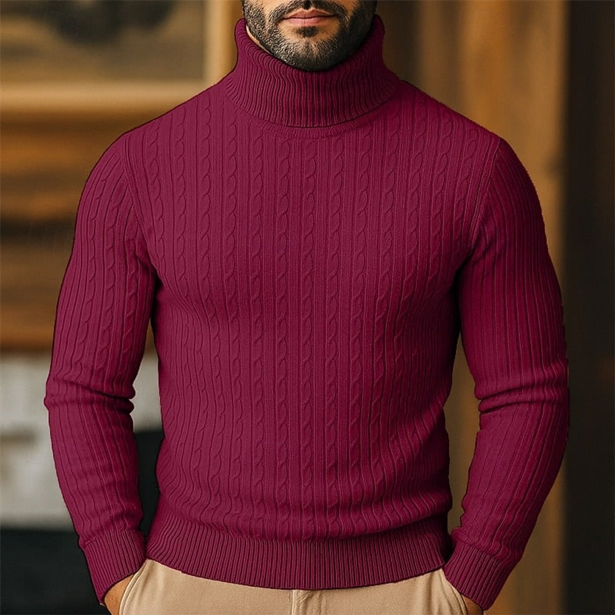 Cable Knit Roll Neck Jumper with Slim Fit and Wool - Image 10