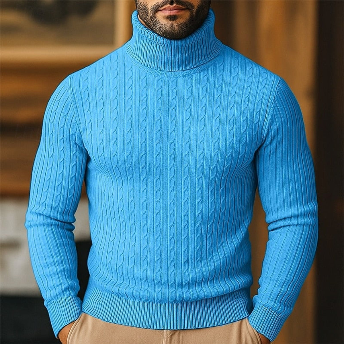 Cable Knit Roll Neck Jumper with Slim Fit and Wool - Image 11