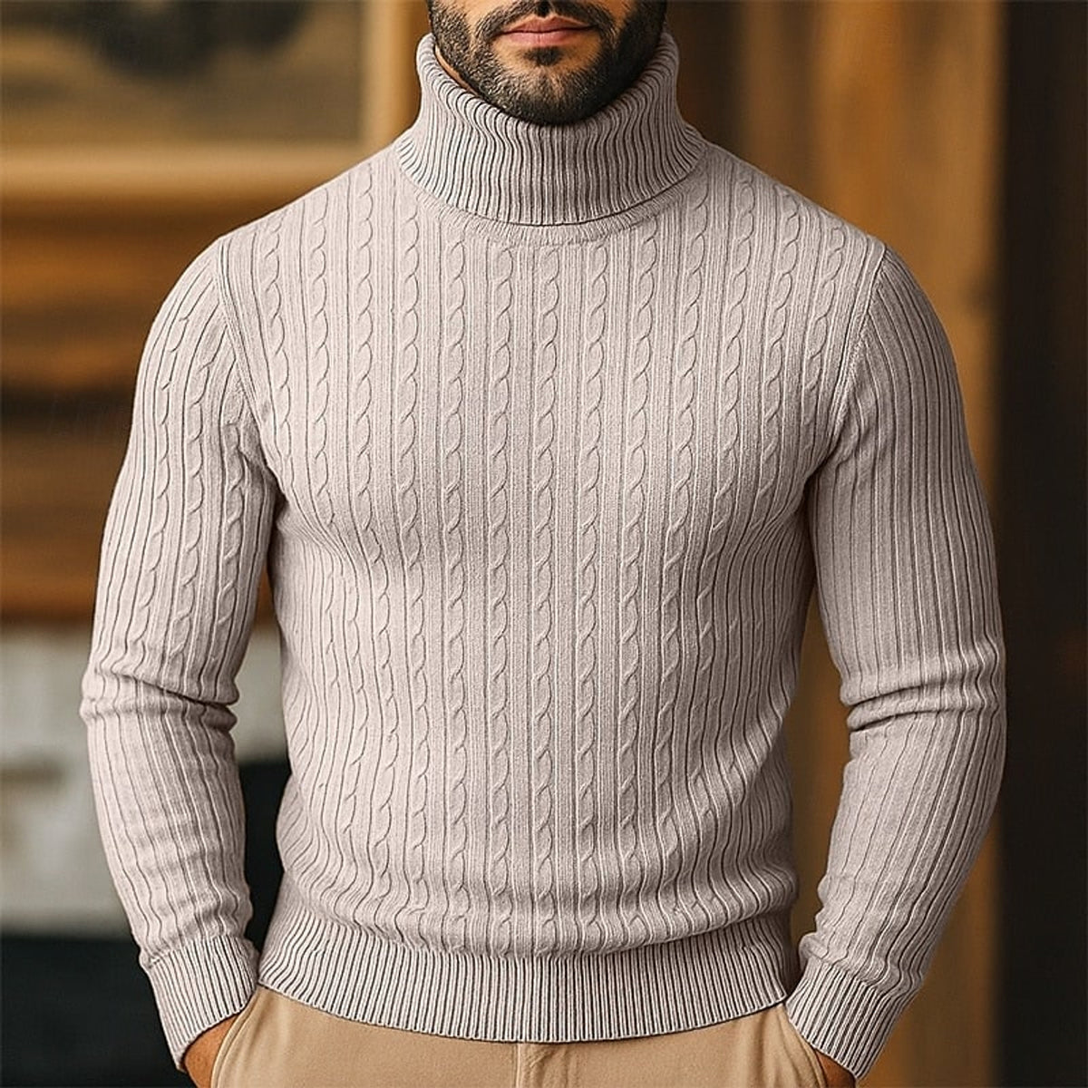 Cable Knit Roll Neck Jumper with Slim Fit and Wool - Image 12