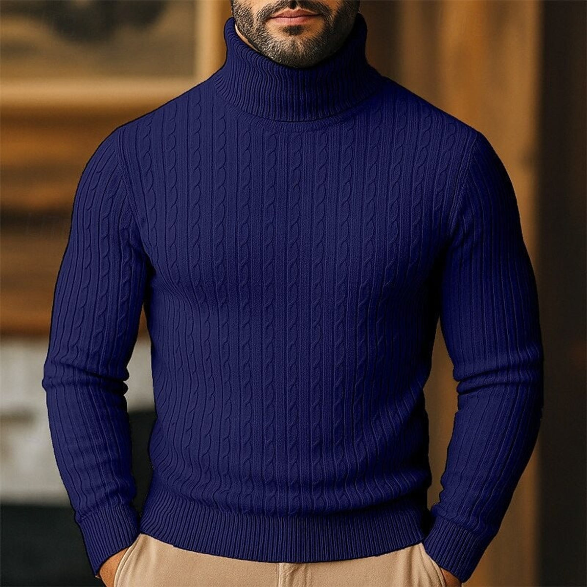 Cable Knit Roll Neck Jumper with Slim Fit and Wool - Image 13