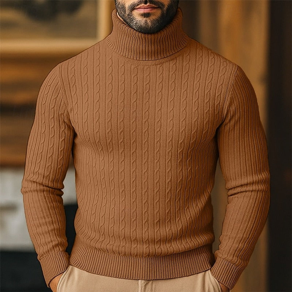 Cable Knit Roll Neck Jumper with Slim Fit and Wool - Image 14