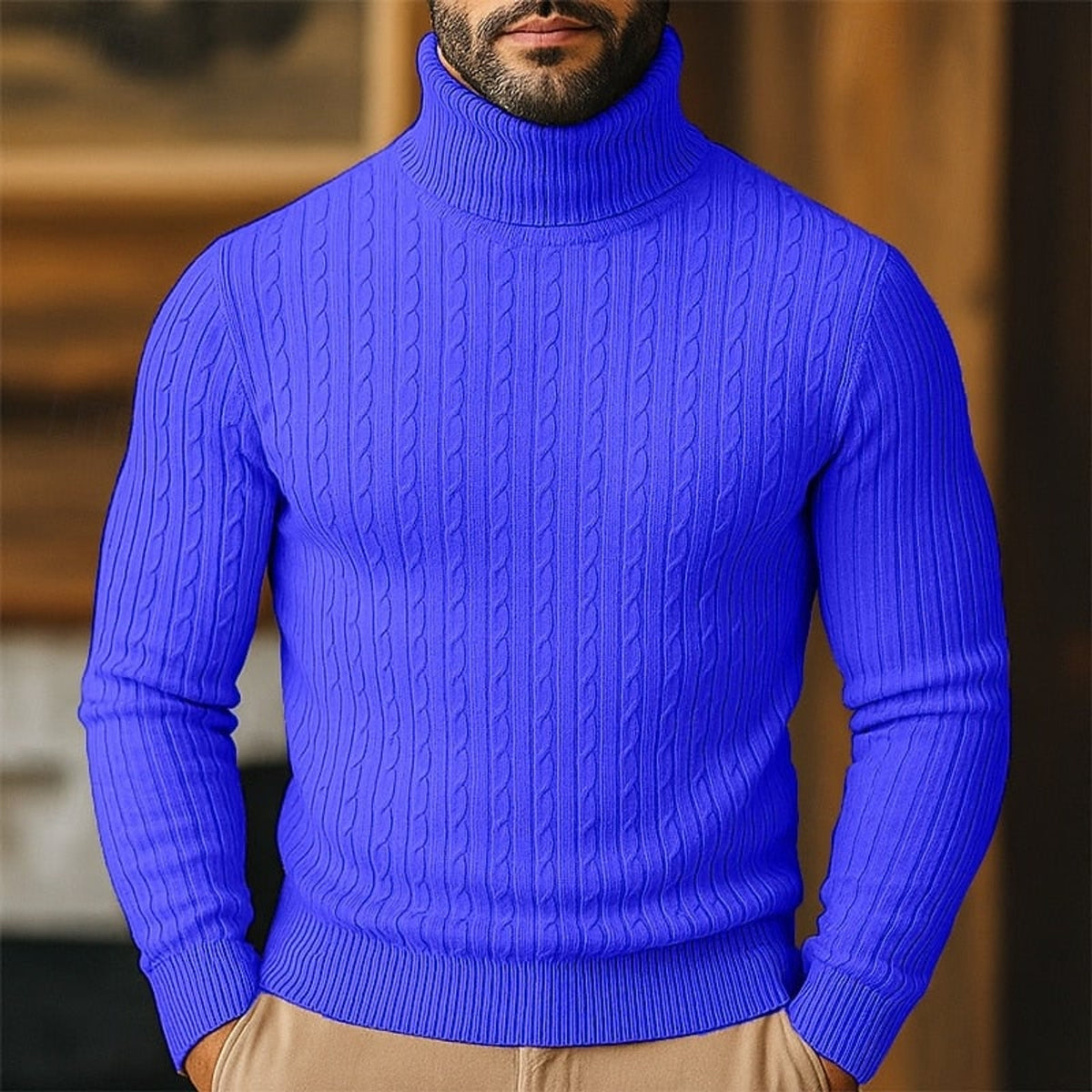 Cable Knit Roll Neck Jumper with Slim Fit and Wool - Image 3