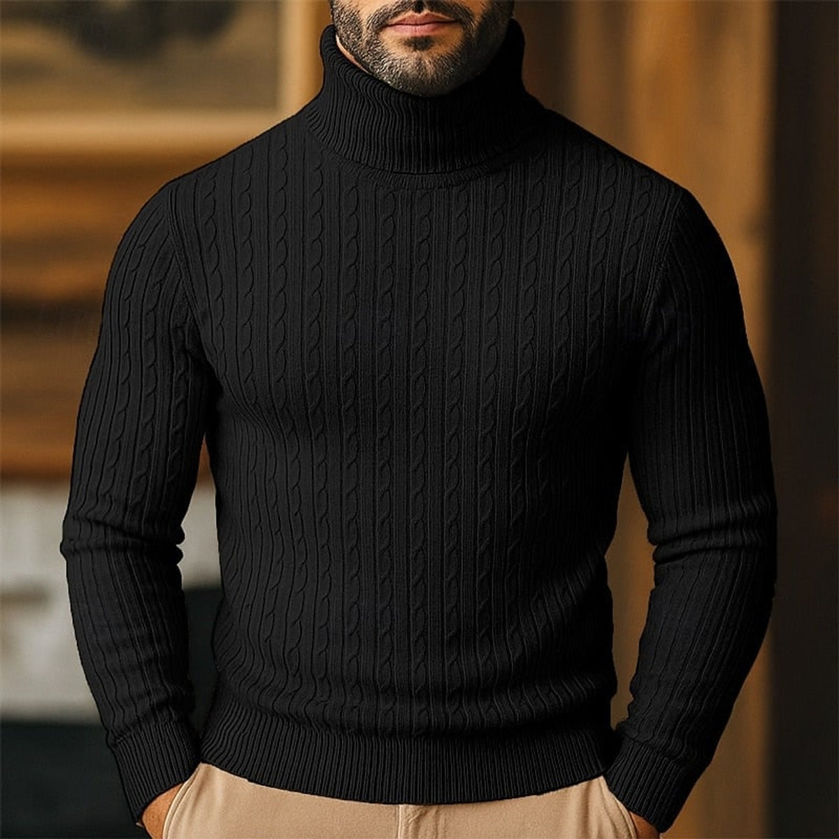 Cable Knit Roll Neck Jumper with Slim Fit and Wool - Image 4