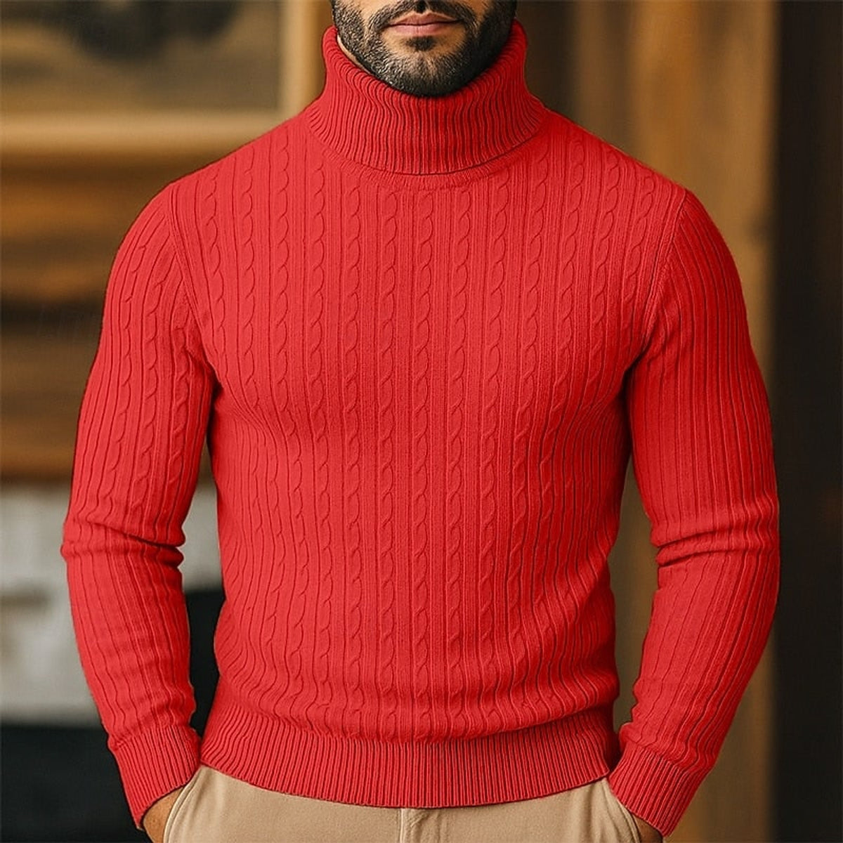 Cable Knit Roll Neck Jumper with Slim Fit and Wool - Image 5
