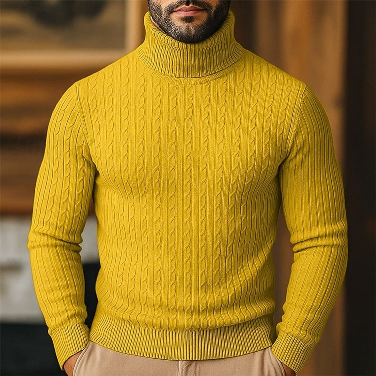 Cable Knit Roll Neck Jumper with Slim Fit and Wool - Image 6