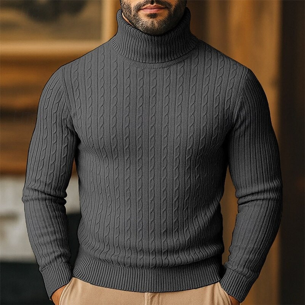 Cable Knit Roll Neck Jumper with Slim Fit and Wool - Image 7