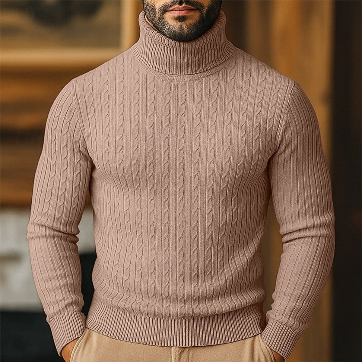 Cable Knit Roll Neck Jumper with Slim Fit and Wool - Image 8