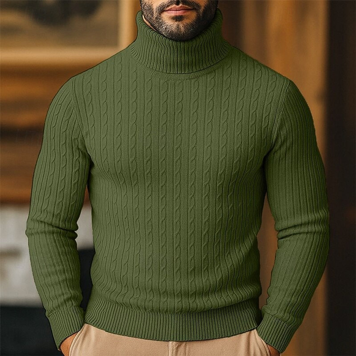 Cable Knit Roll Neck Jumper with Slim Fit and Wool - Image 9