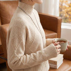 Cable Knit Turtleneck Sweater with Sculpting Fitted Silhouette and Cable-Knit Pattern - in-use