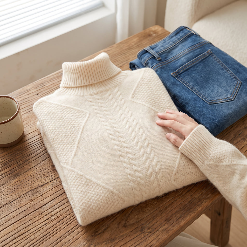 Cable Knit Turtleneck Sweater with Sculpting Fitted Silhouette and Cable-Knit Pattern - scale