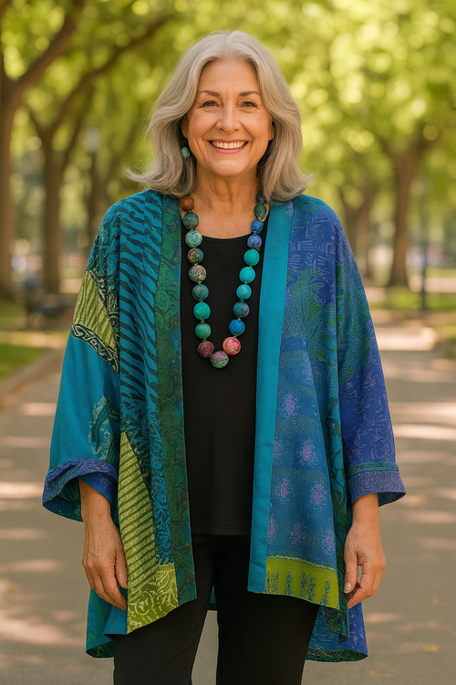 Cardigan Jacket with Relaxed Patchwork Print and Open Front - Image 1