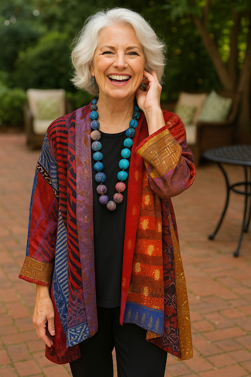 Cardigan Jacket with Relaxed Patchwork Print and Open Front - Image 2