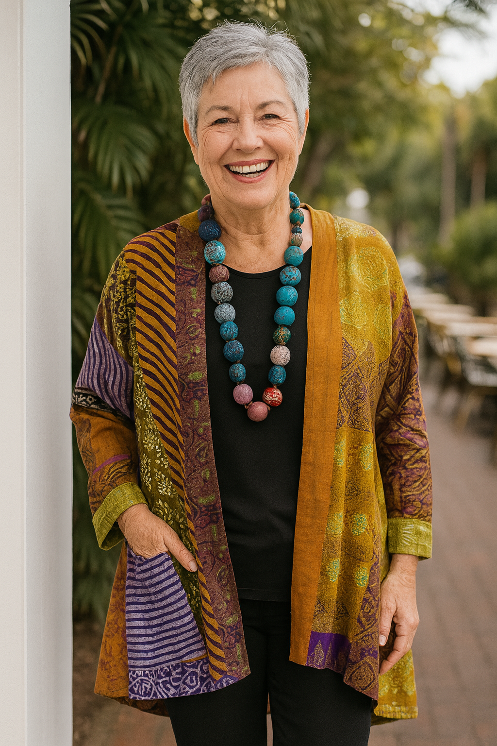 Cardigan Jacket with Relaxed Patchwork Print and Open Front - Image 4