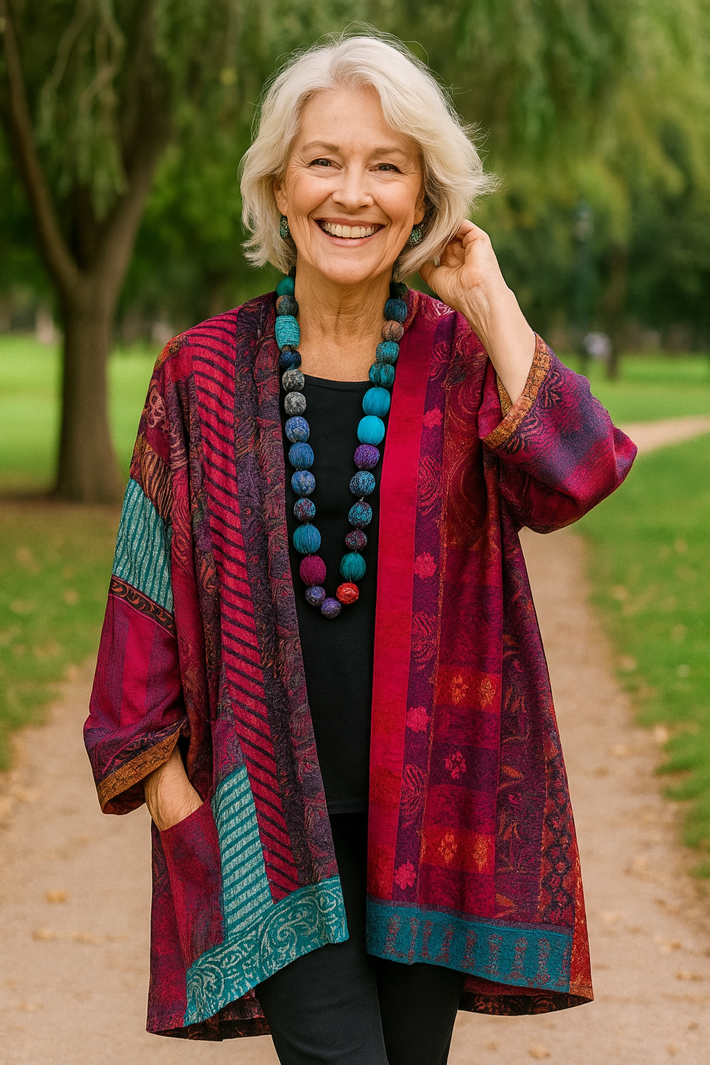 Cardigan Jacket with Relaxed Patchwork Print and Open Front - Image 5