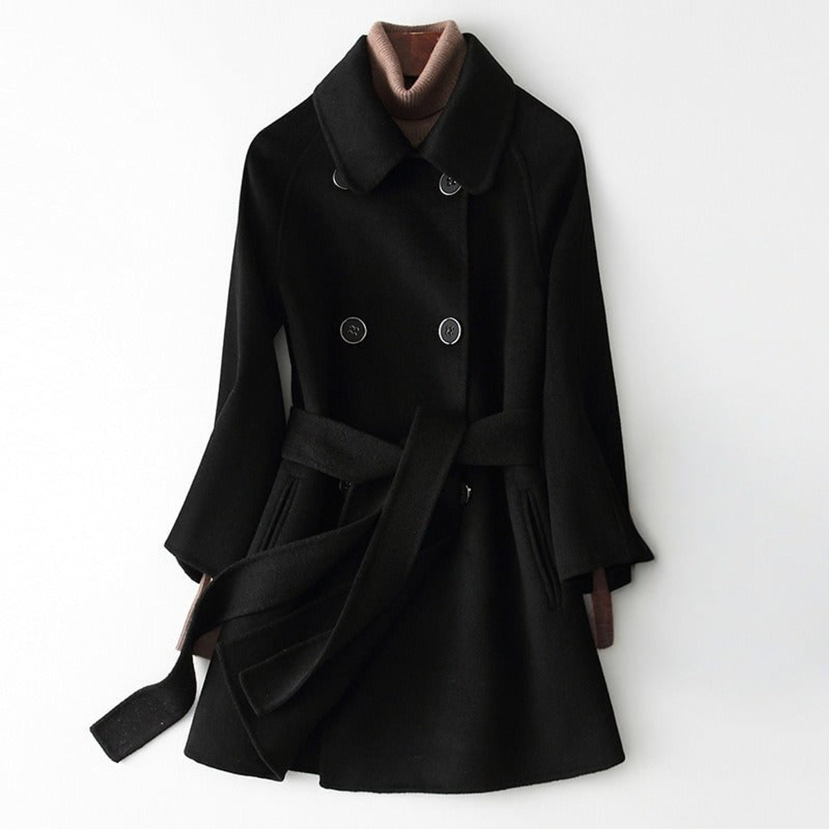 Cashmere Coat with Belted Double-Breasted Design and Tie Waist - Image 1