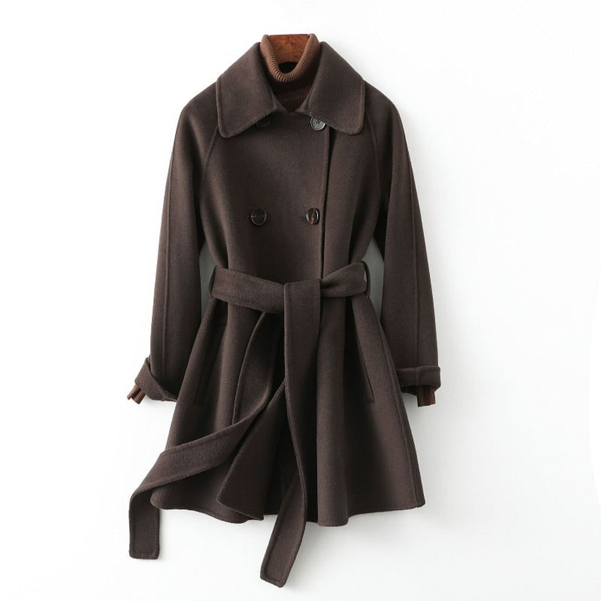Cashmere Coat with Belted Double-Breasted Design and Tie Waist - Image 3