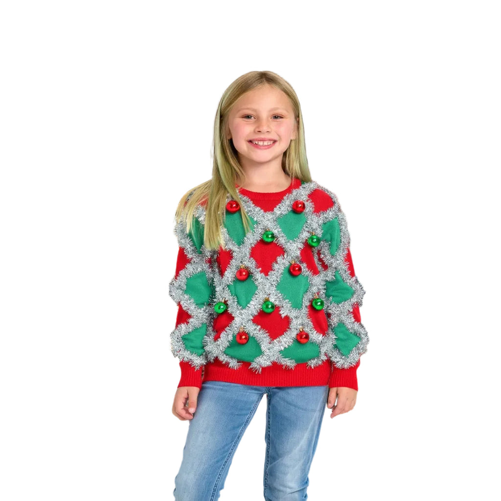 Christmas Girls Tinsel Sweater with Shimmering Lattice Trim and Parties - Image 1