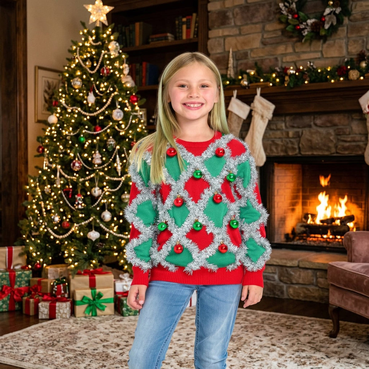 Christmas Girls Tinsel Sweater with Shimmering Lattice Trim and Parties - Image 2
