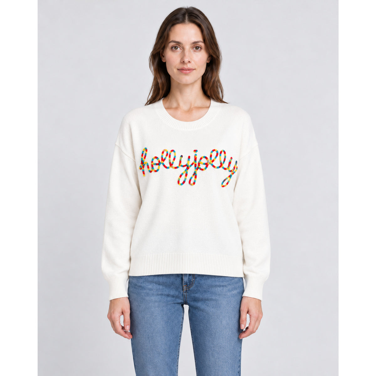 Christmas Jumper with Loose Knit Silhouette and Holly-Jolly Lettering - Image 1
