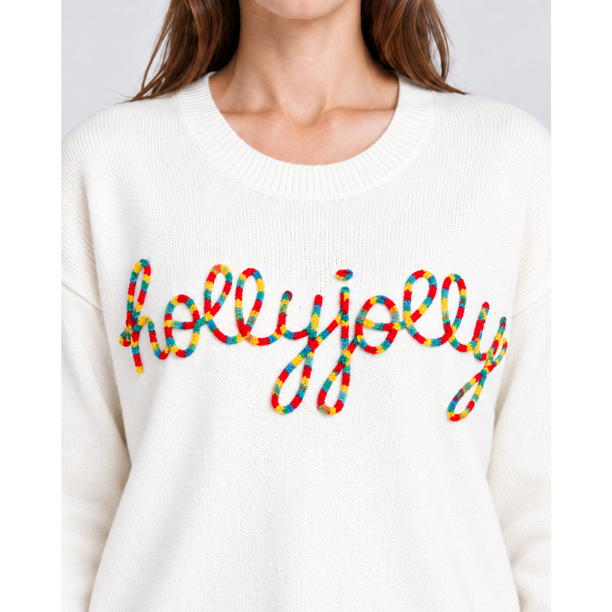 Christmas Jumper with Loose Knit Silhouette and Holly-Jolly Lettering - Image 3