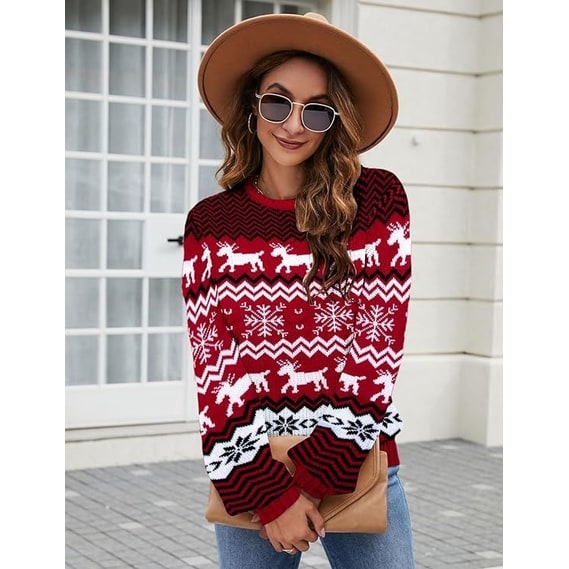 Christmas Knitted Reindeer Sweater with Relaxed Crew Neck and Motif - Image 4