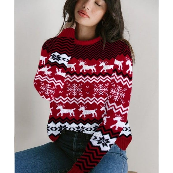 Christmas Knitted Reindeer Sweater with Relaxed Crew Neck and Motif - Image 5