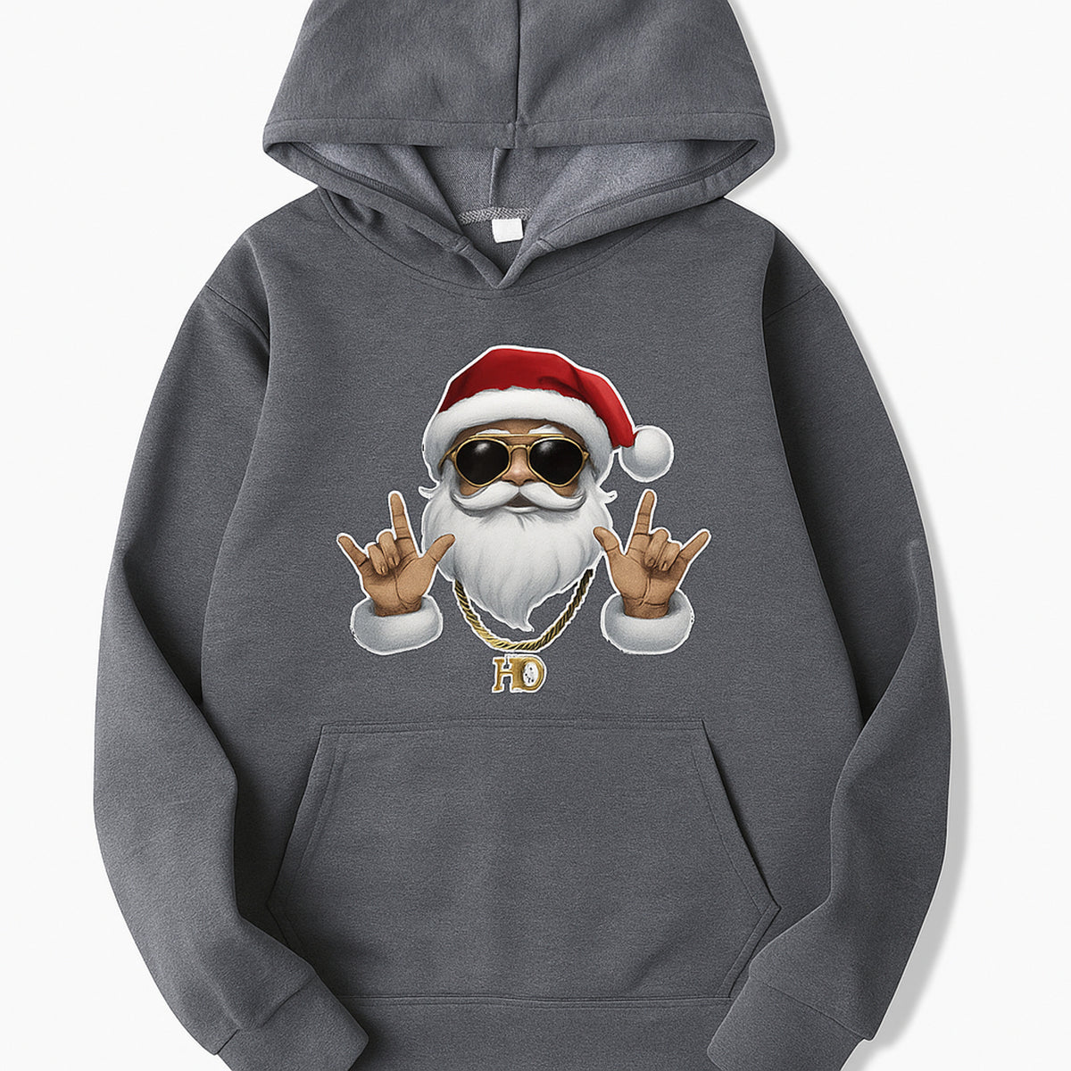 Christmas Santa Hoodie with Front Graphic Print and Gold Chain - Image 1