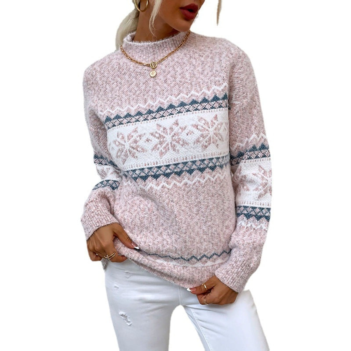 Christmas Snowflake Sweater with Knitted Half Turtleneck and Pullover - Image 2