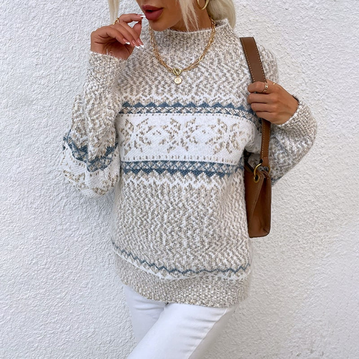 Christmas Snowflake Sweater with Knitted Half Turtleneck and Pullover - Image 5