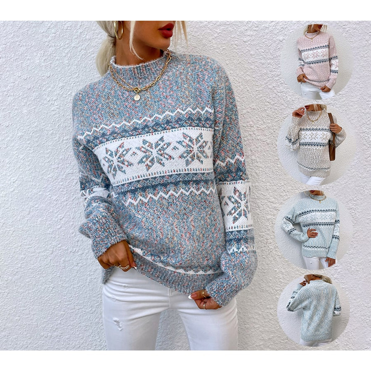 Christmas Snowflake Sweater with Knitted Half Turtleneck and Pullover - Image 1