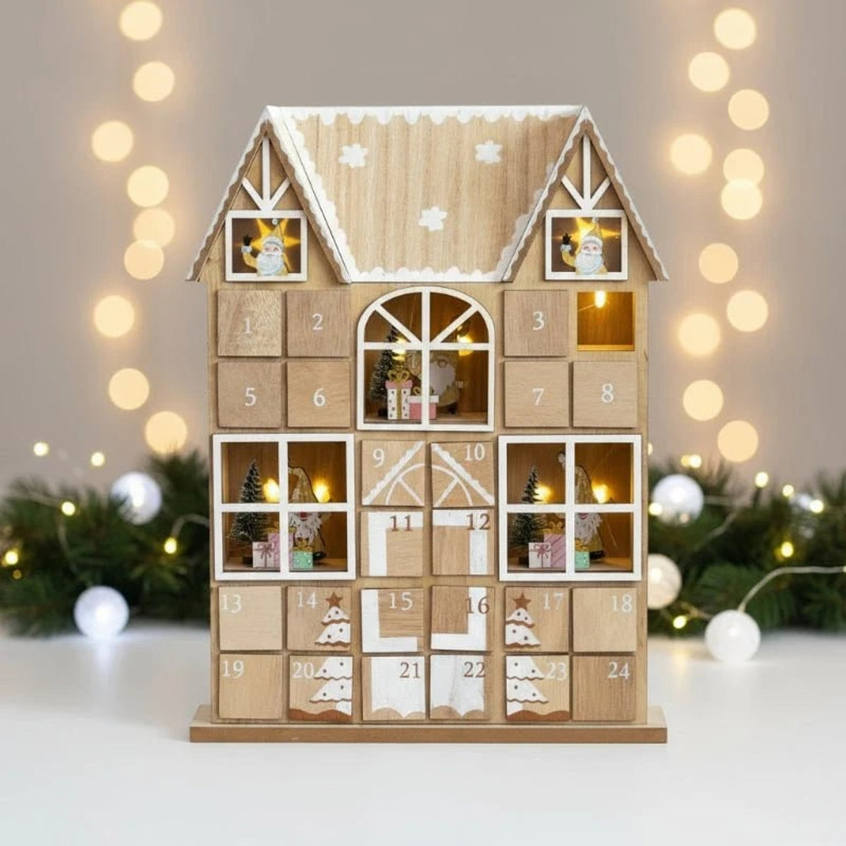 Christmas Wooden Advent Calendar With 24 Compartments And Warm LED Light - Image 1