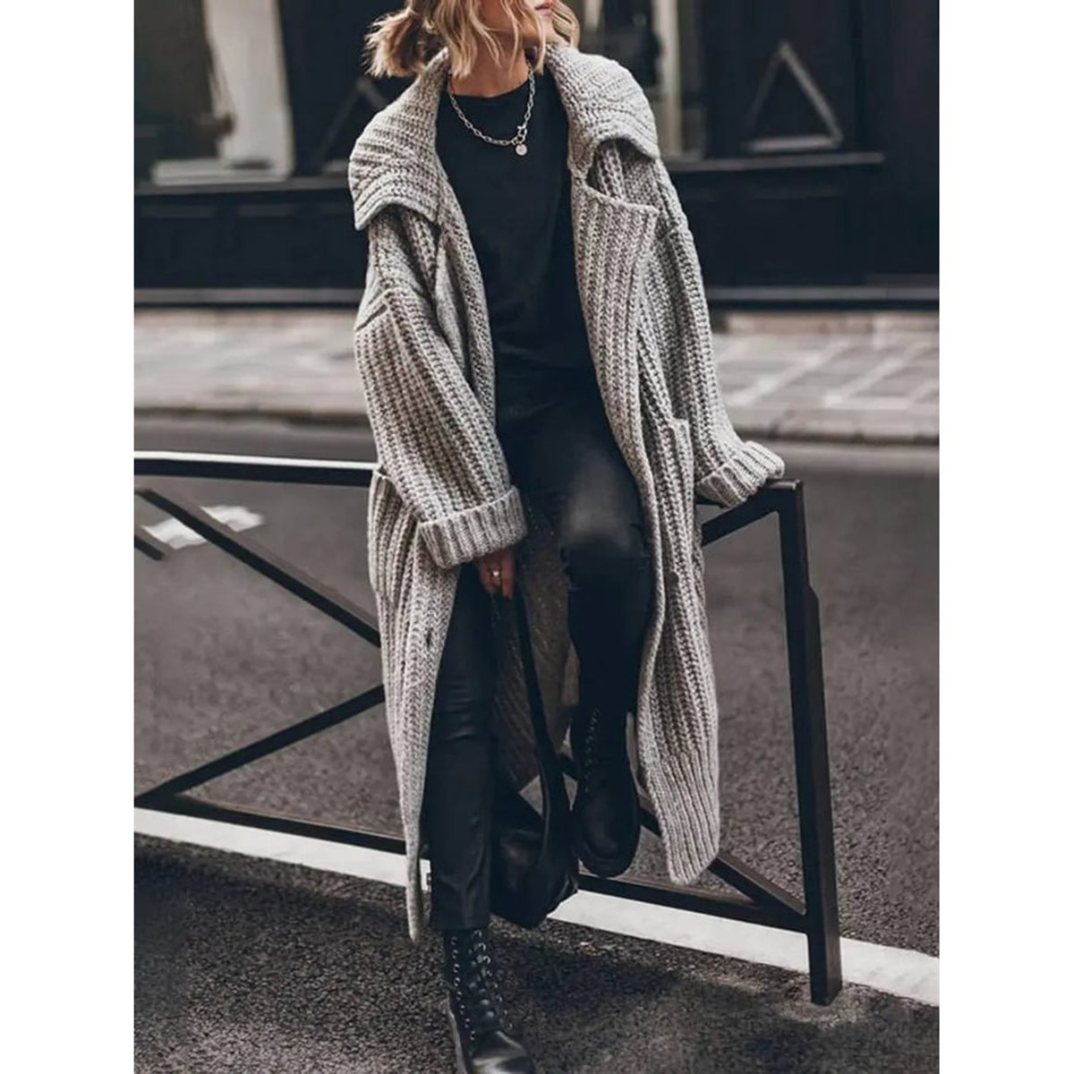 Chunky Knit Cardigan with Longline Lapel Design and Button-Front - Image 1