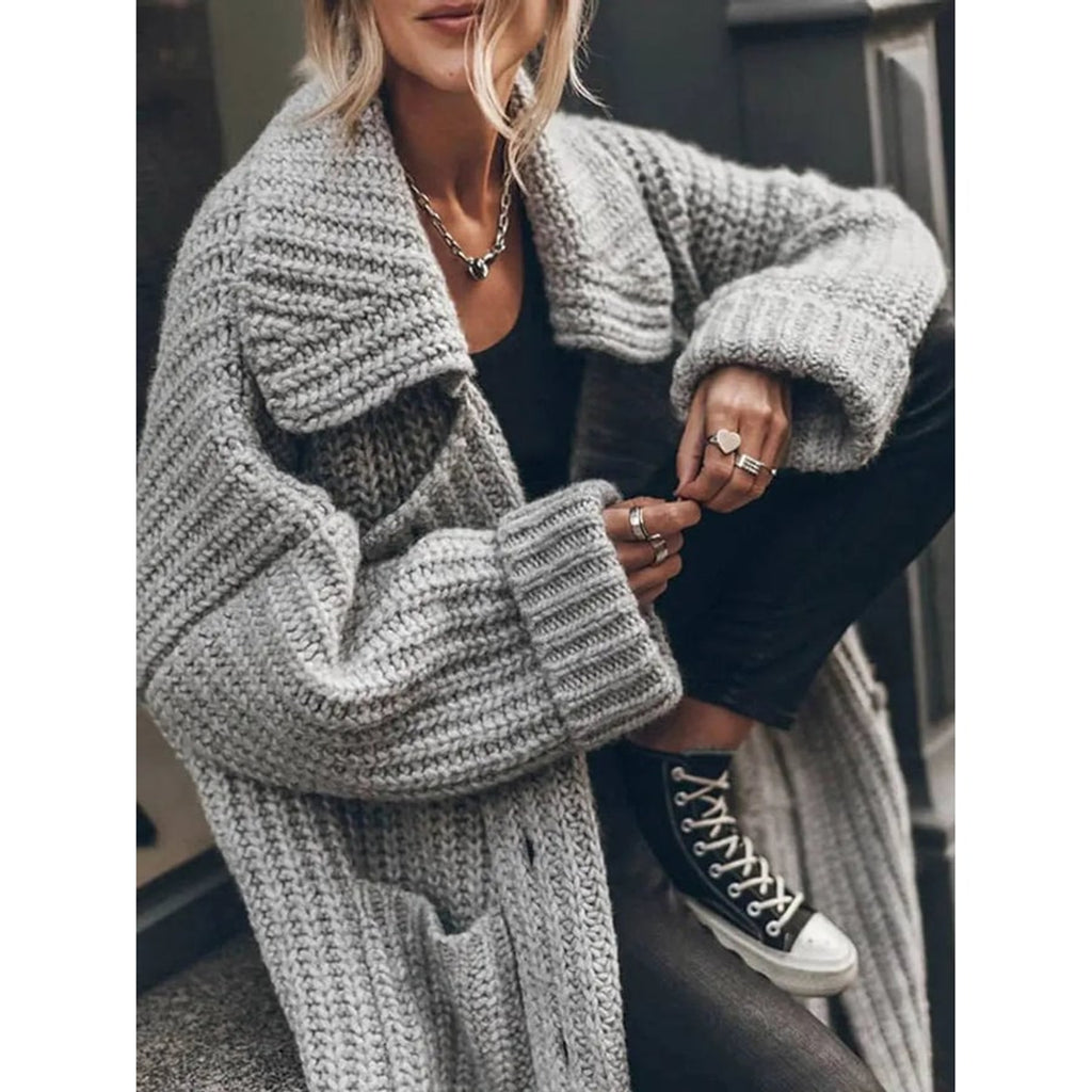 Chunky Knit Cardigan with Longline Lapel Design and Button-Front - Image 5