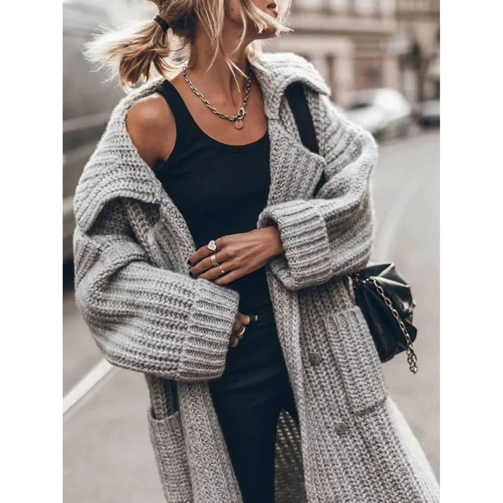 Chunky Knit Cardigan with Longline Lapel Design and Button-Front - Image 4