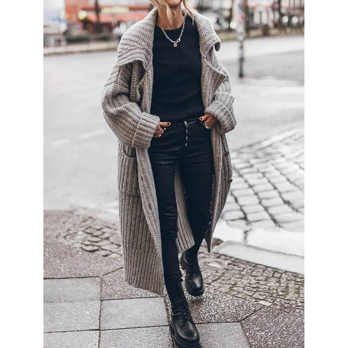 Chunky Knit Cardigan with Longline Lapel Design and Button-Front - Image 2